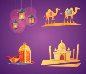 Colorful cartoon ramadan elements card set Free Vector