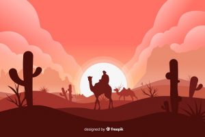 Desert landscape with man on camel Free Vector