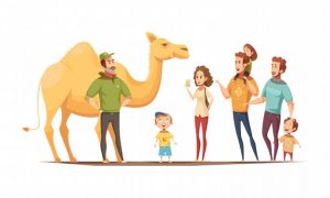 Dromedary camel riding instructor and group of curious kids Free Vector