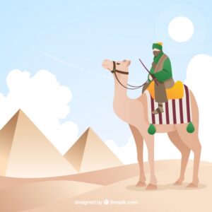 Egyptian pyramids landscape with caravan of camels Free Vector