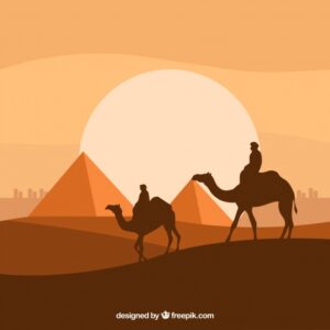 Flat night landscape with egyptian pyramids and caravan of camels Free Vector