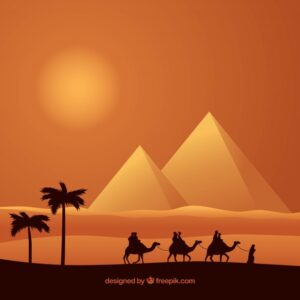 Pyramid landscape with caravan Free Vector