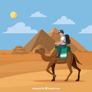 Pyramid landscape with caravan Free Vector