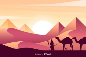 Silhouettes of person and camels in desert Free Vector