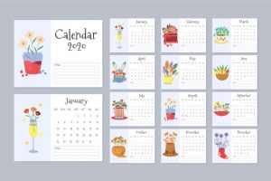 Floral calendar 2020 template set Free Vector