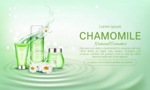 Chamomile eco cosmetics bottles banner Free Vector