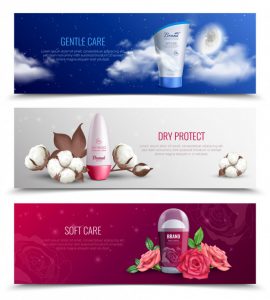 Colored horizontal banners presenting deodorant providing gentle and soft care and dry protect realistic Free Vector