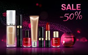 Cosmetics beauty products for makeup sale banner with glowing neon background and pink sparkles Free Vector