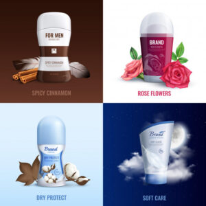 Deodorant bottles 2×2 concept set of perfume with aroma of spicy cinnamon and rose flowers realistic Free Vector