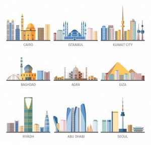 Eastern cityscapes landmarks flat icons collection Free Vector