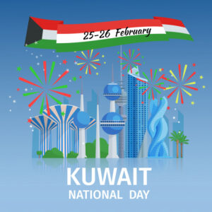 Kuwait national day with cityscape of capital famous buildings and decorative fireworks vector illustration Free Vector