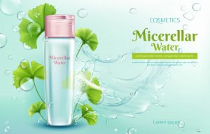 Micellar water with ginkgo biloba extract for makeup cleaning 3d realistic vector advertising banner, poster. Free Vector
