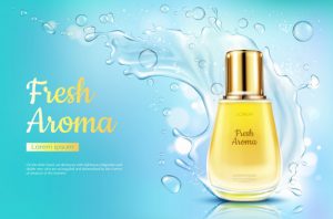 Perfume fresh aroma in glass bottle with water splash on blue blurred background. Free Vector