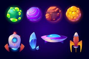 Planets rockets and alien ufo set, computer game Free Vector