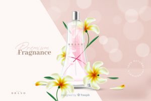 Realistic perfume ad with flowers Free Vector