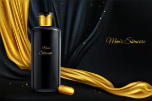 Vector 3d realistic cosmetic background, mock up of luxury cosmetics for men Free Vector