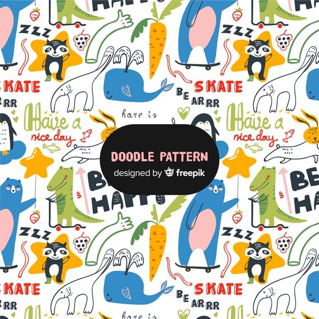 Doodle animals and words pattern Free Vector - دروس الفوتوشوب Photoshop