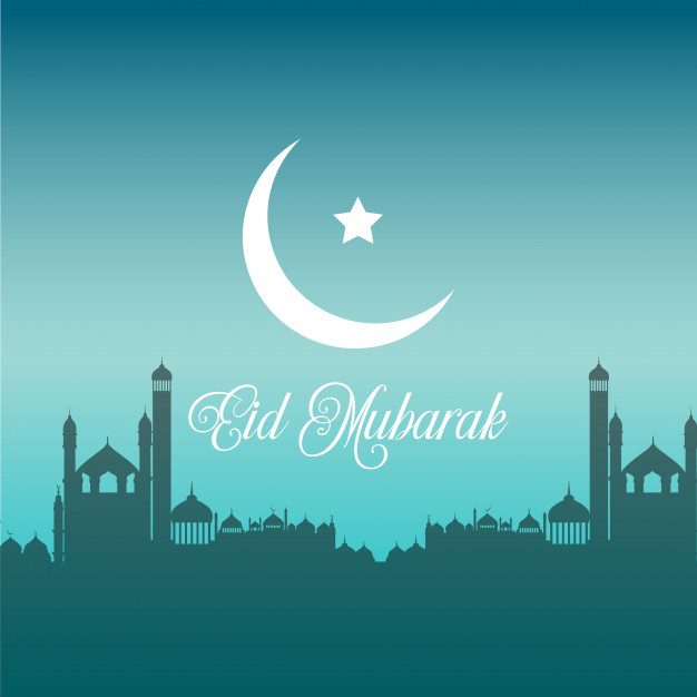 Eid mubarak background with silhouettes of mosques Free Vector